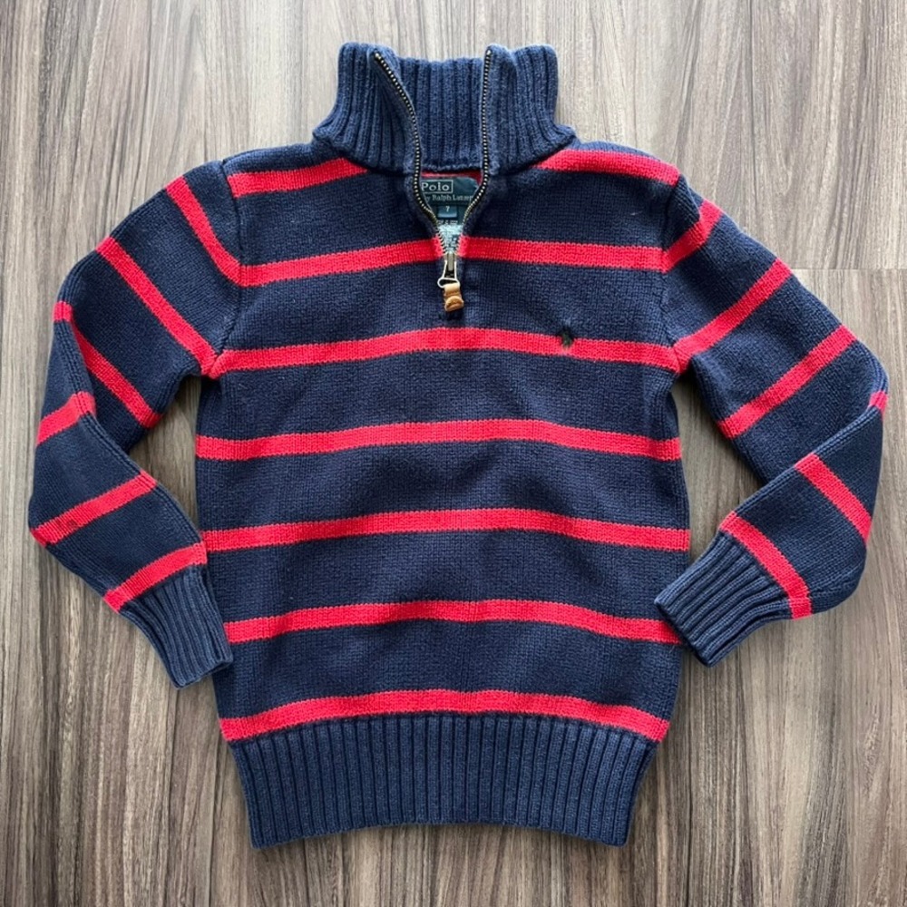 Polo Ralph Lauren Boys' 1/4 Zip Pullover‎ Sweater Navy Red Stripes size 7